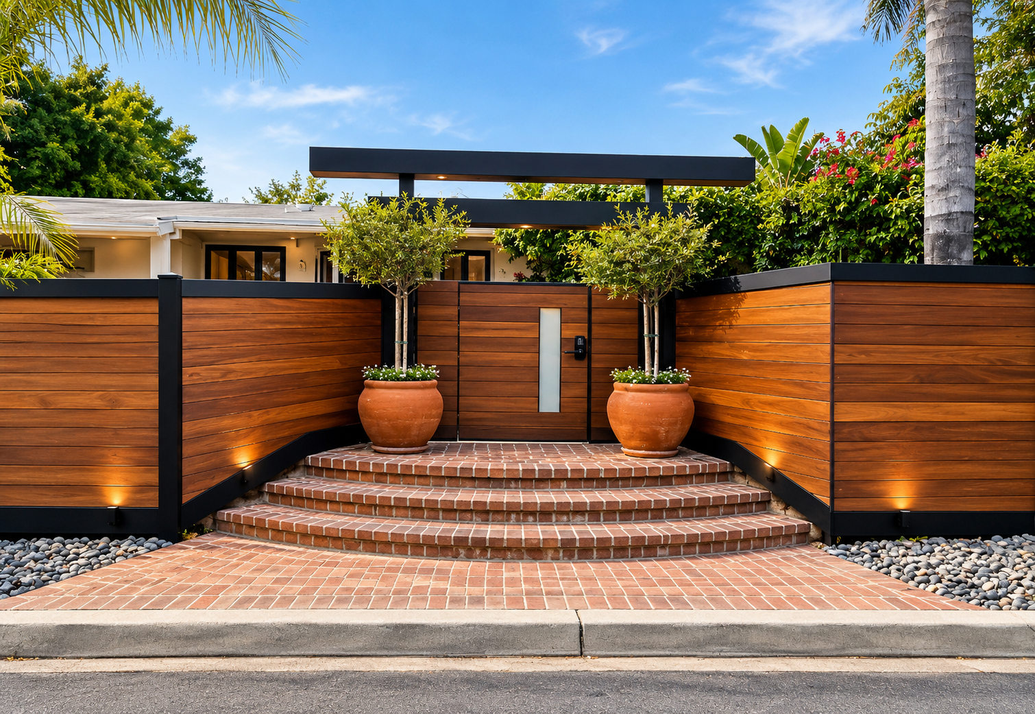 Wood entry gate and matching fence with black steel trim