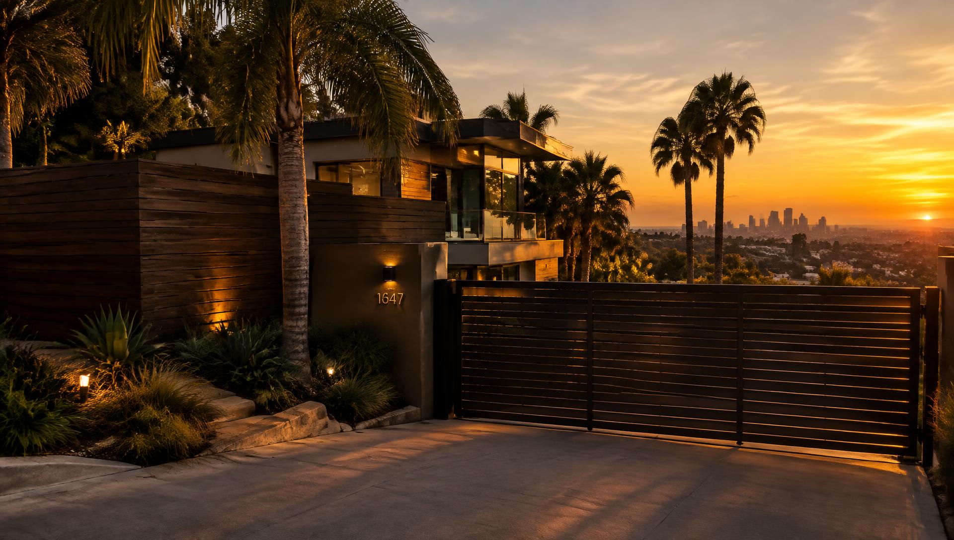 Custom horizontal wood fence and black steel driveway gate at a Los Angeles hillside home